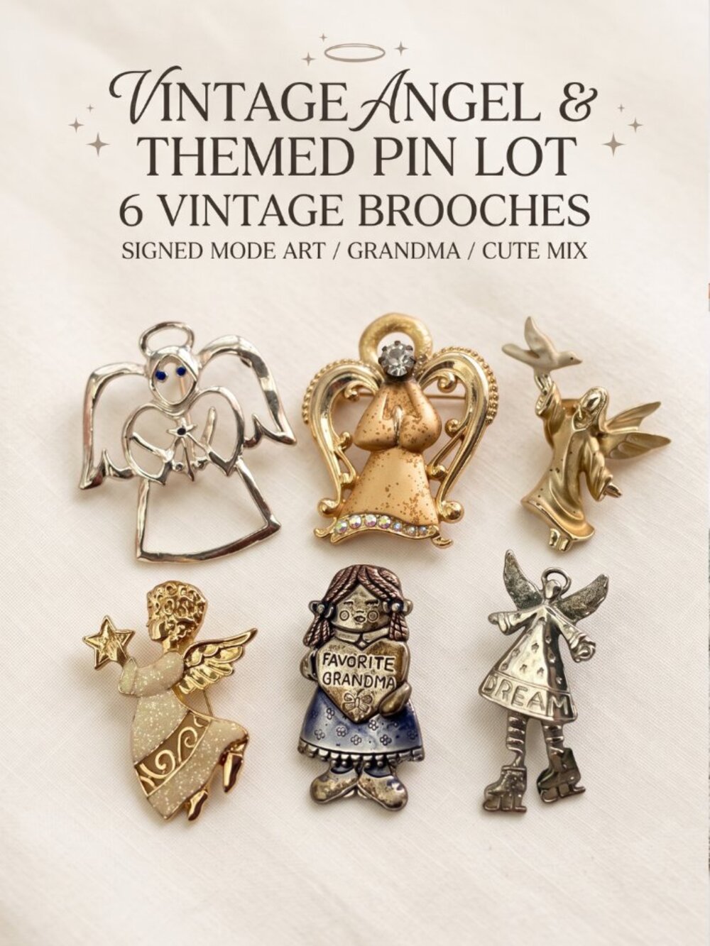 6 Vintage Angel Pin Brooch Lot ART Arthur Pepper Grandma Ragdoll Gold Tone Y2K